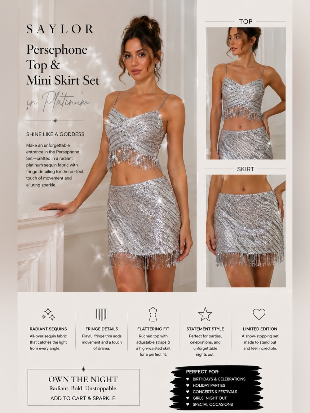Saylor Persephone Platinum Sequin Fringe Top & Mini Skirt Set XS